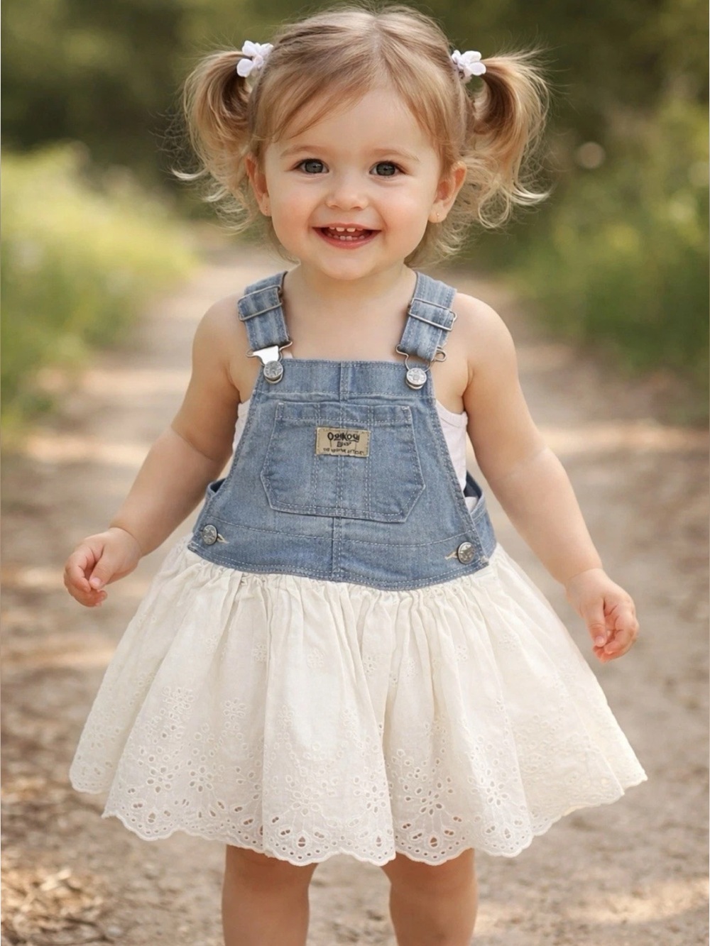 OshKosh B’Gosh Vestbak Bib Overall Dress Girls 2T Denim White Eyelet Lace Skirt